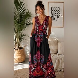 Women's Strapless V Neck Maxi Dress Large Hippie Boho Paisley Festival Empire